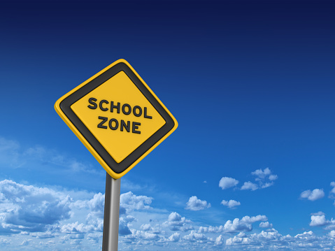 SCHOOL ZONE Road Sign - Sky Background - 3D Rendering