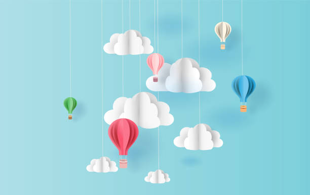 ilustraciones, imágenes clip art, dibujos animados e iconos de stock de estilo de arte de papel de globos colorido color flotando en el fondo del cielo azul aire. espacio de diseño creativo para el día de navidad, festival, vacaciones, temporada de verano, primavera. buena idea pastel color.vector eps10 - globos aerostaticos de papel