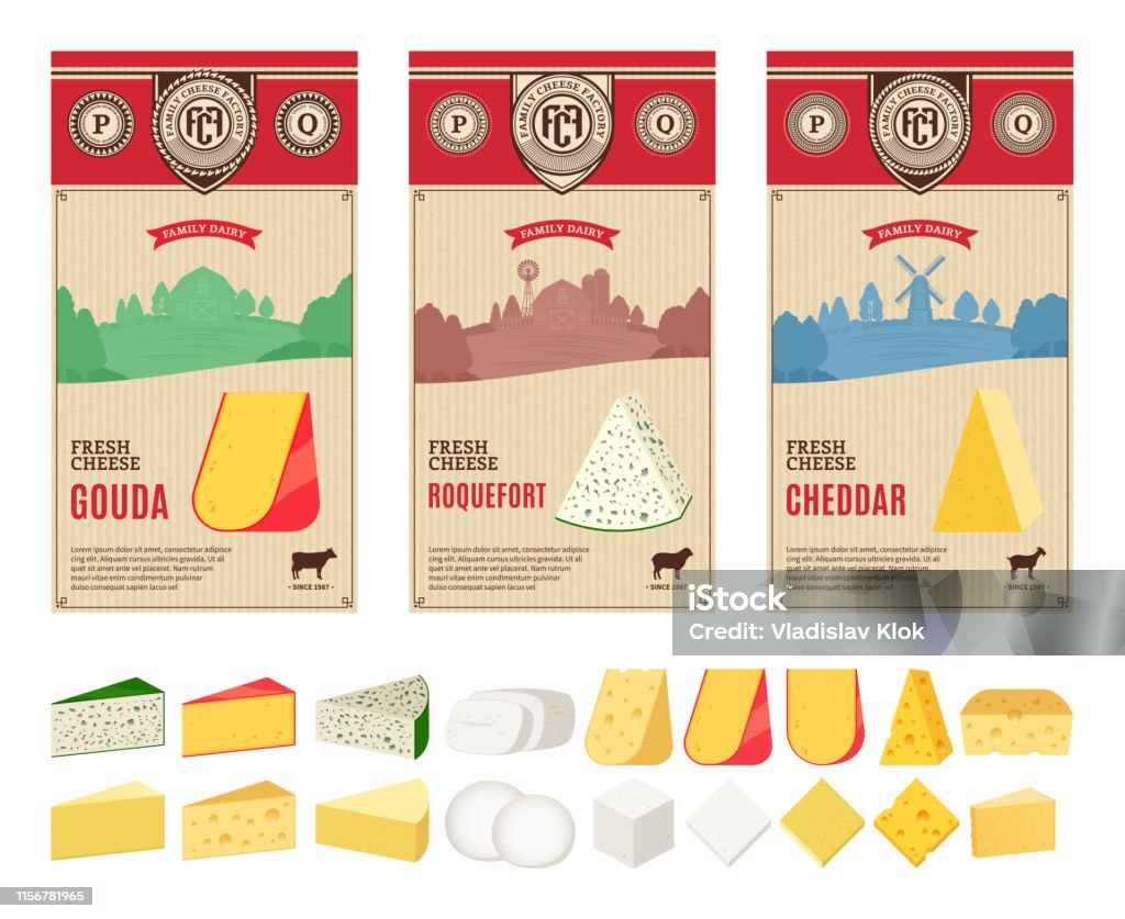 Étiquettes de fromage vintage de vecteur avec le paysage d'agriculture et les différents types d'icônes détaillées de fromage - clipart vectoriel de Denrée périssable libre de droits