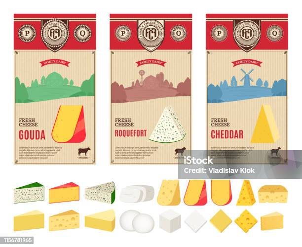 Étiquettes De Fromage Vintage De Vecteur Avec Le Paysage Dagriculture Et Les Différents Types Dicônes Détaillées De Fromage Vecteurs libres de droits et plus d'images vectorielles de Denrée périssable