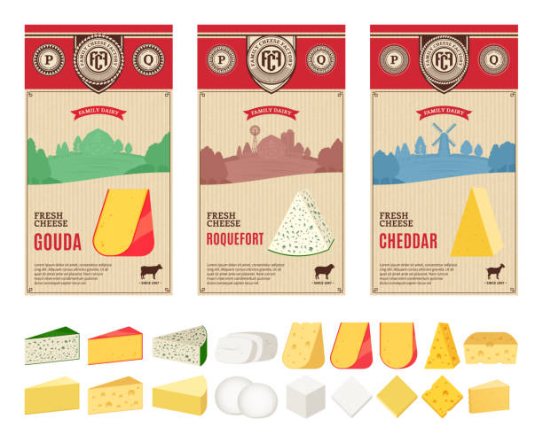 ilustrações de stock, clip art, desenhos animados e ícones de vector vintage cheese labels with farming landscape and different types of cheese detailed icons - dairy farm dairy product emmental cheese cheese