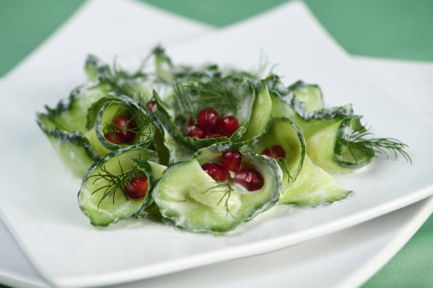 istock Fresh cucumber salad with dill and pomegranate kernels, in yoghurt sauce 1156783550