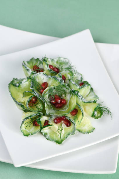 istock Fresh cucumber salad with dill and pomegranate kernels, in yoghurt sauce 1156783588