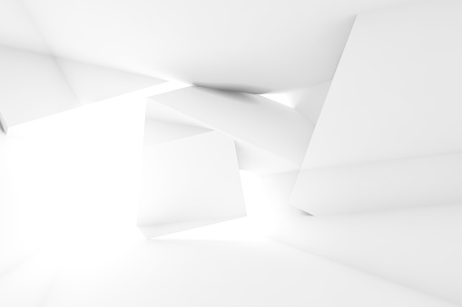 Abstract empty white room interior with geometric installation. Double exposure effect. 3d render illustration