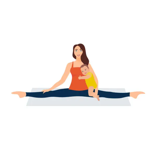 Vector illustration of Vector illustration on white background. Asanas with twine in yoga. Beautiful young woman doing stretching gymnastic exercises. A woman sits with a baby in her arms. Yoga mom plus baby