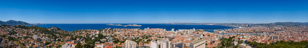 Marseille harbour. Panoramic summer view including Bompard, Endoume and Old Port with the Mediteranean Sea and the Frioul archipelago. France, Bouches-du-Rhone, Europe