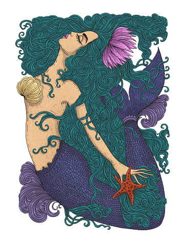 Vector colored drawing fantastic sea mermaid with long green wavy hair. Ornamental decorated graphic illustration mermaid tattoo. Sea goddess print t-shirts. Isolated siren Mystery Fairy tale mythical characters.