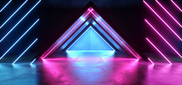 istock Future Virtual Neon Glowing Lights Purple Blue Triangle Shape Construction Stage Podium Club Dark Night Laser Sci Fi Show Futuristic Vibrant Reflective Concrete 3D Rendering 1156787638