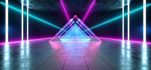 istock Future Virtual Neon Glowing Lights Purple Blue Triangle Shape Construction Stage Podium Club Dark Night Laser Sci Fi Show Futuristic Vibrant Reflective Concrete 3D Rendering 1156788227