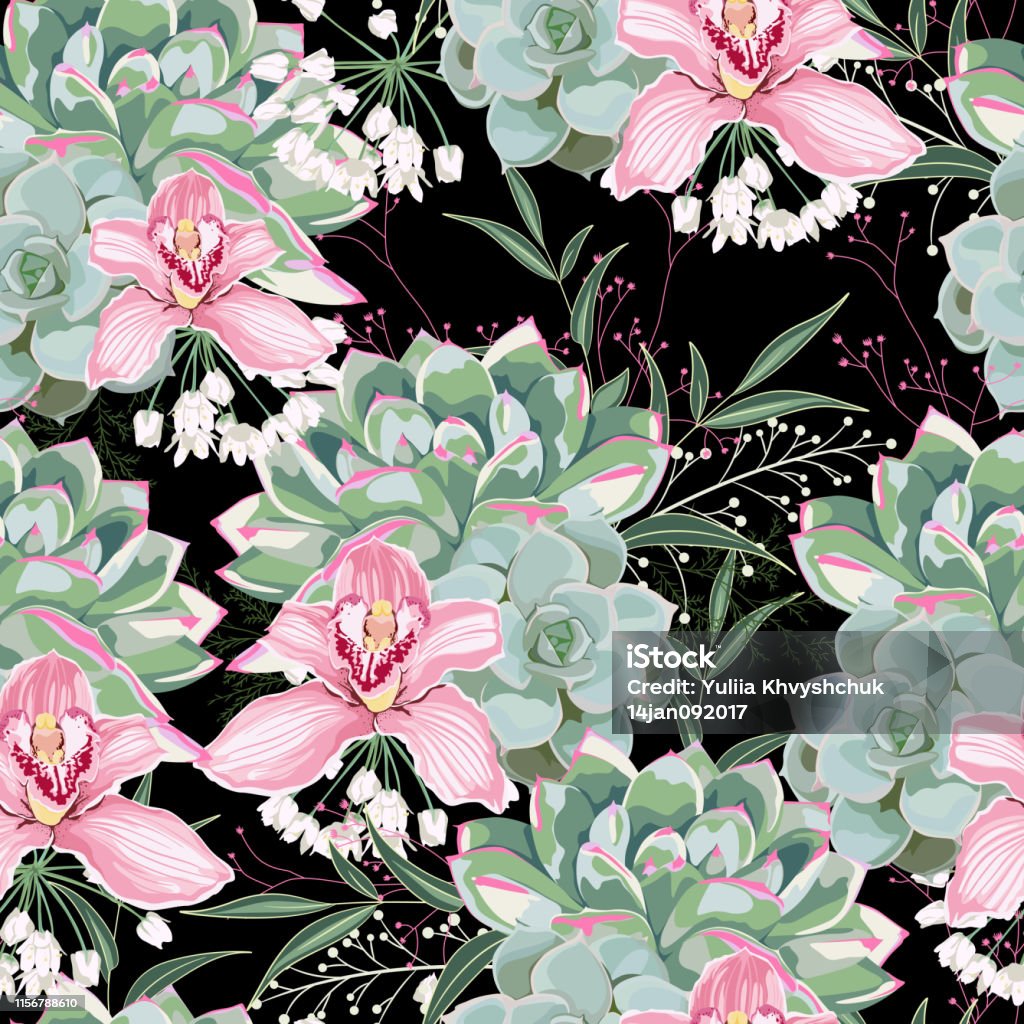 Floral Pattern Delicate Flower Wallpaper White Herbs Pink Orchid And Green  Pink Succulent Delicate Feminine Pattern On The Black Background Stock  Illustration - Download Image Now - iStock