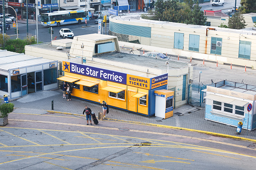 Piraeus, Greece - May 28, 2019: Tickets office Blue Star Ferries in biggest Greek seaport in Piraeus, Greece.