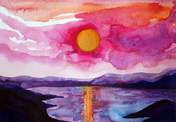 istock Drawing of bright sunset sunrise over the sea 1156793010