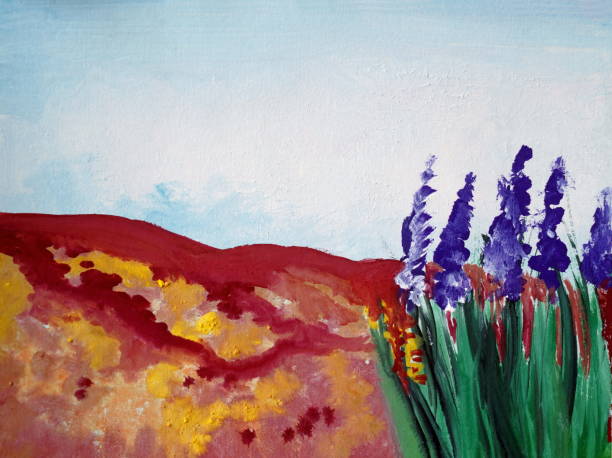 istock Drawing of bright nature, orange red flowers, blue sky 1156793023