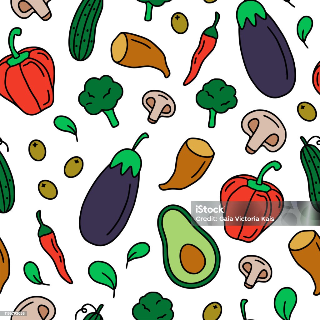 Teste padrão sem emenda dos vegetais crus. Mão saudável do alimento ilustração desenhada do vetor. - Vetor de Abacate royalty-free