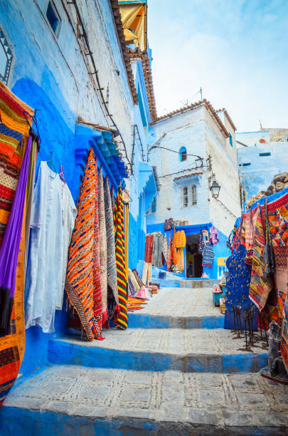 Traditional textiles for sale in Chefchaouen's markets