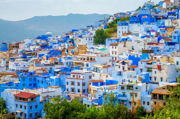 Aerial view of blue medina of city Chefchaouen,  Morocco, Africa