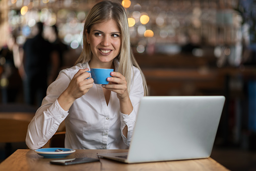 Young businesswoman having a coffee break in a cafe and using computer.