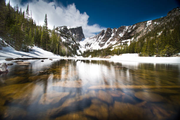 mulher nova atrativa-parque nacional da montanha rochosa - boulder lake - fotografias e filmes do acervo