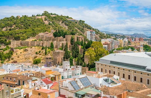 Panoramic sight in Malaga with Gibralfaro Castle, Andalusia, Spain.