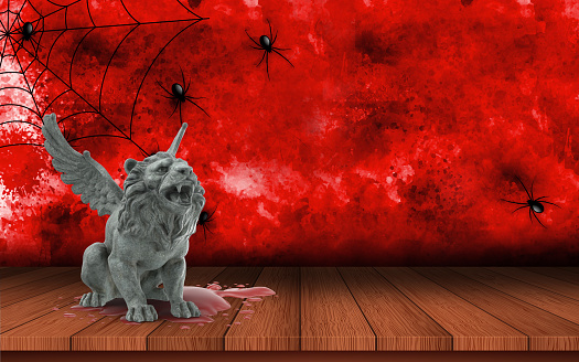 Halloween Concept, 3D xxxxxx image with spiders on wood surface and red grunge background with copy space.
