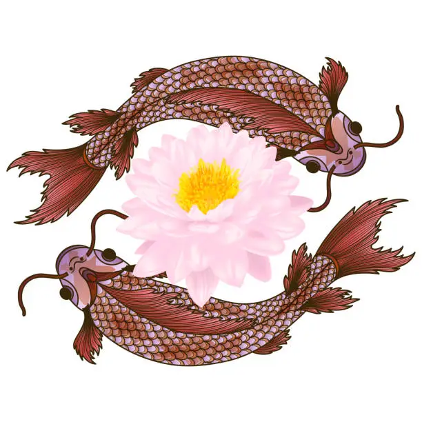 Vector illustration of Fish and flowers of Lotus.
