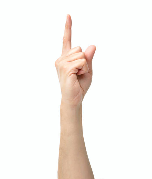 isolated hand Man hand showing forefinger up and number one sign in a white isolated background index finger stock pictures, royalty-free photos & images