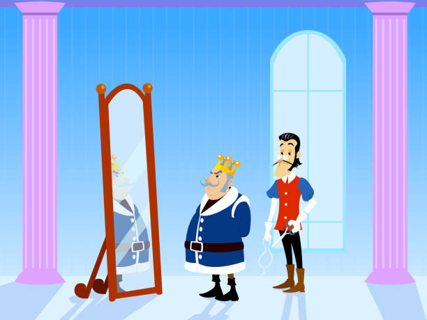 The Emperor's New Clothes Tale. King Looking at New Clothes in Mirror. The Emperor's New Clothes Tale. King and Tailor in Saloon of the Palace. King Looking at New Clothes in Mirror. Vectoral Illustration for Children Books, Covers, Blogs, Web Pages. emperor stock illustrations