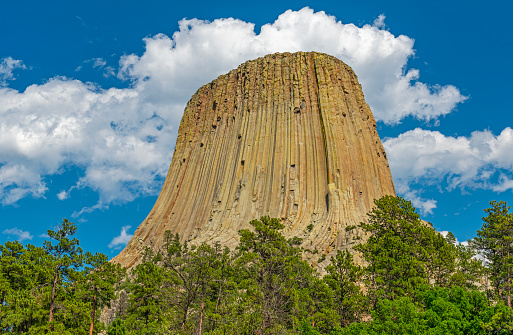 The impressive geologic rock formation of Devils Tower national monument in Wyoming, United States of America, USA.