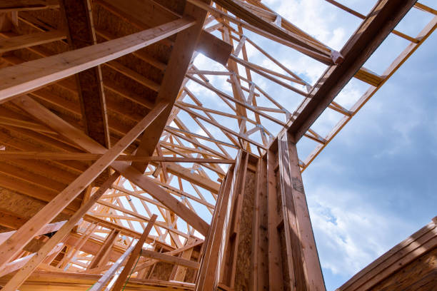 istock Looking up new construction beams under a clear blue sky with sunlight 1156814726