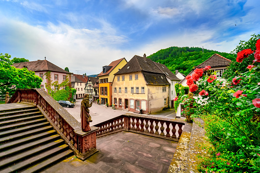View of the old town Amorbach with the stairs of the abbey Amorbach in the foreground