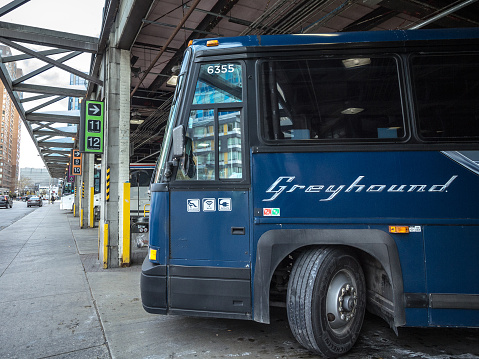 picture of a Greyhound Canada bus waiting for boarding on Toronto Coach Station. Greyhound Lines is an intercity bus common carrier serving thousands destinations across North America, in the USA and Canada