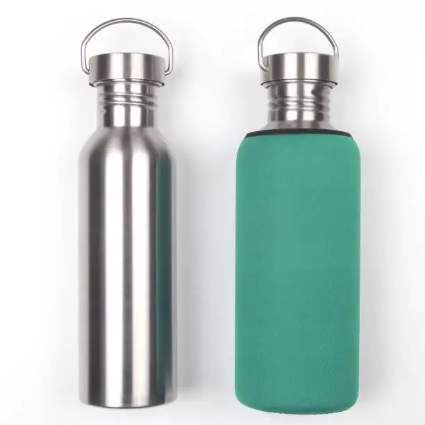 metal steel water flasks on white background. everyday items