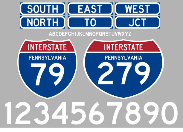 highway road beschildert interstate-route-nummer - mehrspurige strecke stock-grafiken, -clipart, -cartoons und -symbole