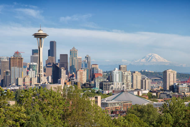 サマー シアトル - seattle skyline mt rainier space needle ストックフォトと画像