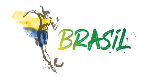 Vector Design of the national team of Brazil. Game player running. Typographic Layout. Sketch illustration of woman soccer player running next to brush writing womens soccer stock illustrations