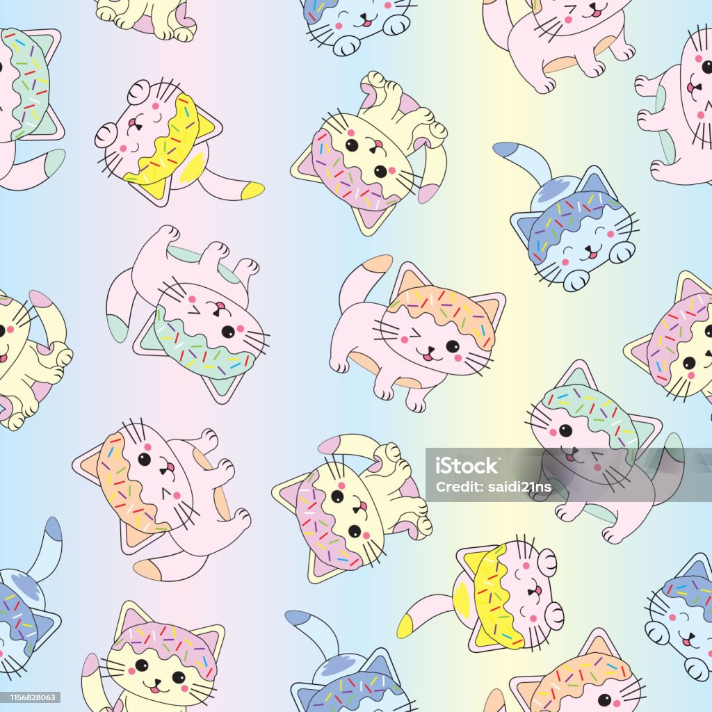 Seamless background of Birthday illustration with cute kittens on rainbow background suitable for wallpaper Seamless background of Birthday illustration with cute kittens on rainbow background suitable for wallpaper, postcard, and scrap paper Abstract stock vector
