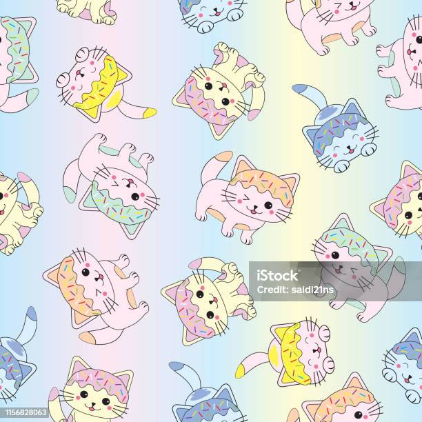 Seamless Background Of Birthday Illustration With Cute Kittens On Rainbow Background Suitable For Wallpaper Stock Illustration - Download Image Now
