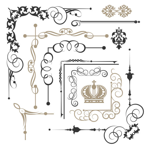 ilustrações, clipart, desenhos animados e ícones de elementos do projeto para decorações da página-ornamento de canto, caligrafia redemoinhos, coroas, rolo - scroll shape corner victorian style silhouette