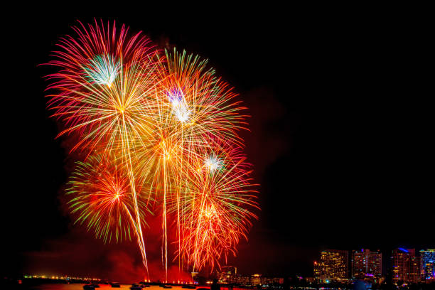 istock Beautiful colorful fireworks display on the sea beach. 1156830592