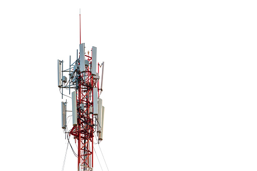 Base Station or Base Transceiver Station. Wireless Communication Antenna Transmitter. Telecommunication tower with antennas on white background.