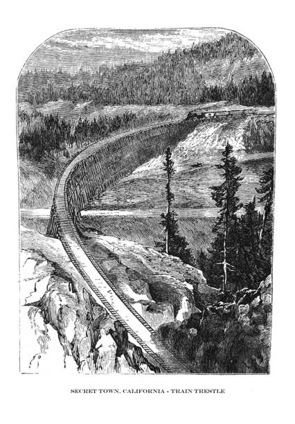 Antique illustration - Railroad tressle - Secret Town - California From Harper's magazine - 1872 tressle stock illustrations