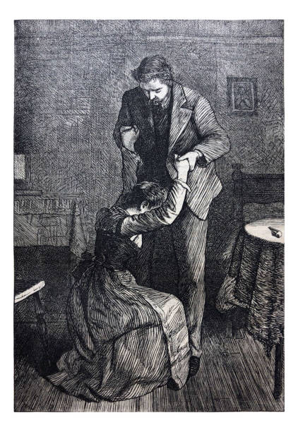 istock Antique illustration - Woman is knealing by man and is distraught 1156831631