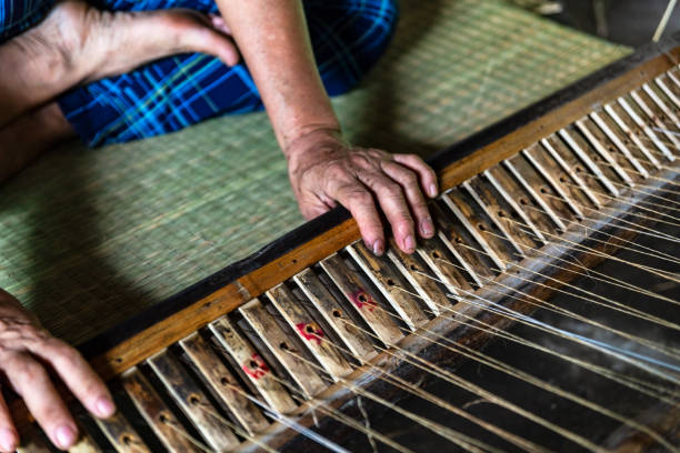 Close-up on the hands of an old woman weaving sedge mat in Ben Tre, Mekong delta region, Vietnam. Close-up on the hands of an old woman weaving sedge mat in the small village of Ben Tre in the Mekong delta region, Vietnam carex pluriflora stock pictures, royalty-free photos & images