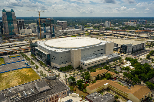 Orlando, FL, USA - June 9, 2019: Aerial drone photo Amway Center Downtown Orlando FL