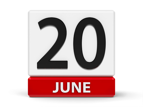 Red and white calendar icon from cubes - The Twentieth of June - on a white table - World Refugee Day and International Day of Action for Elephants in Zoos, three-dimensional rendering, 3D illustration