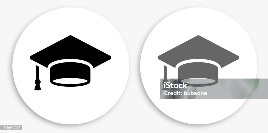 Graduation Cap Black and White Round Icon Graduation Cap Black and White Round Icon. This 100% royalty free vector illustration is featuring a round button with a drop shadow and the main icon is depicted in black and in grey for a roll-over effect. Mortarboard stock vector