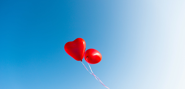 Two heart shaped balloons on blue sky.