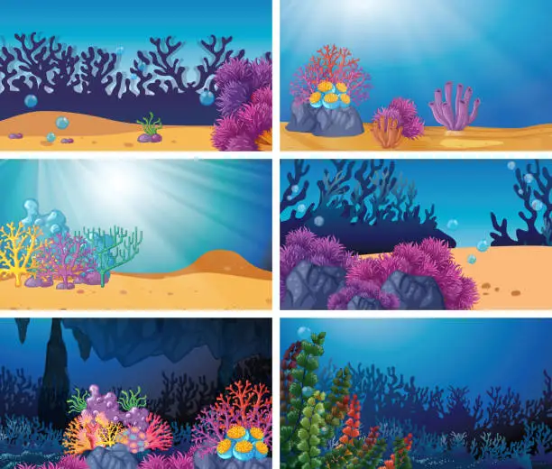 Vector illustration of Set of underwater scene