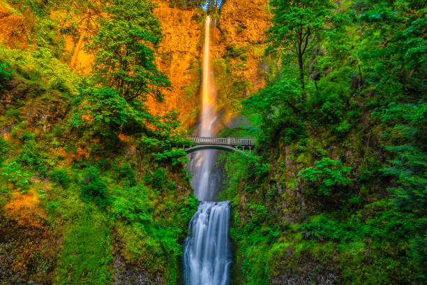Colorful Sunset at Multnomah Falls on Columbia River Gorge in Portland, Oregon stock photo