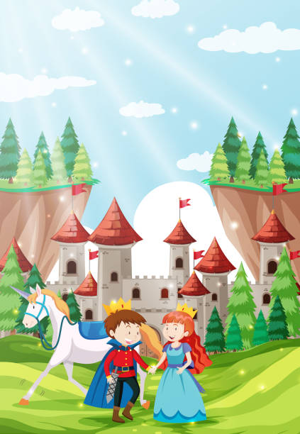 Prince and princess in castle scene Prince and princess in castle scene illustration tree crown stock illustrations